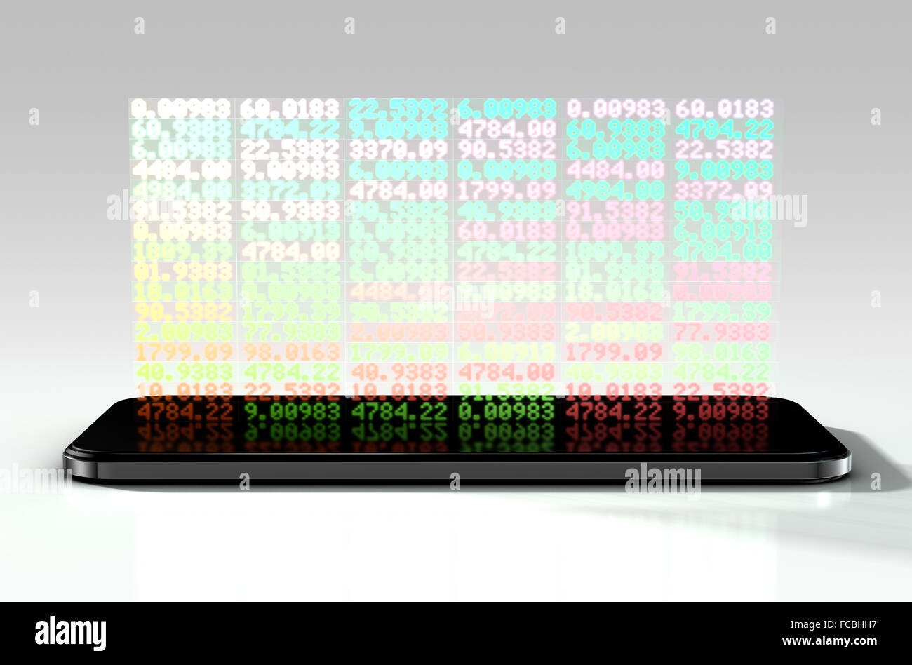 A Generic Smartphone Projecting A Hologram Of A Digital Stock Market Indicator Board With Green And Red Numbers Stock Photo Alamy