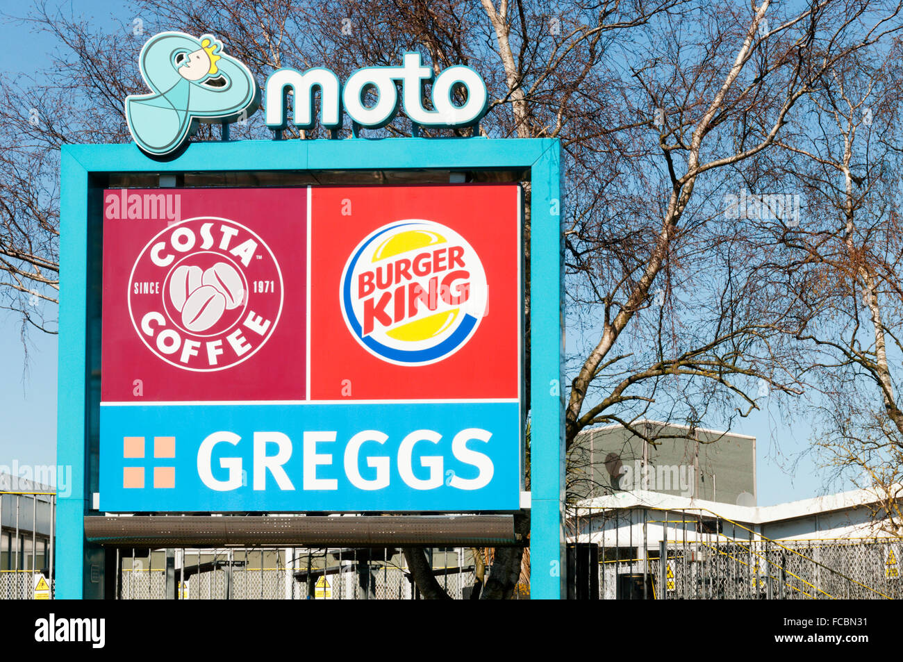 Sign for Costa Coffee, Burger King & Greggs at Moto service station in Medway Services at Farthing Corner on M2 motorway, Kent. Stock Photo