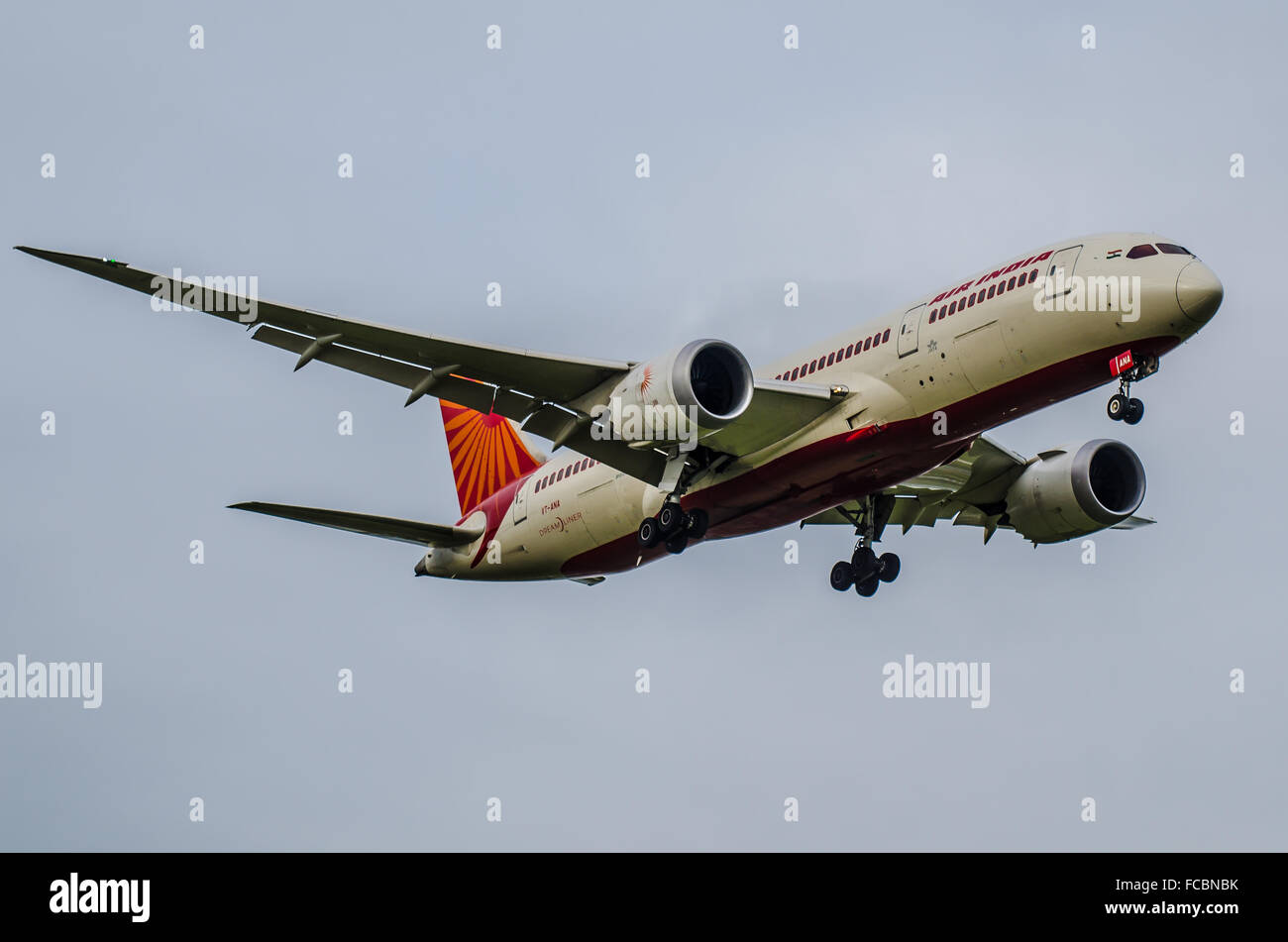 Air India Boeing 787 -8 Dreamliner - airliner jet plane VT-ANA landing at London Heathrow Airport in overcast weather Stock Photo