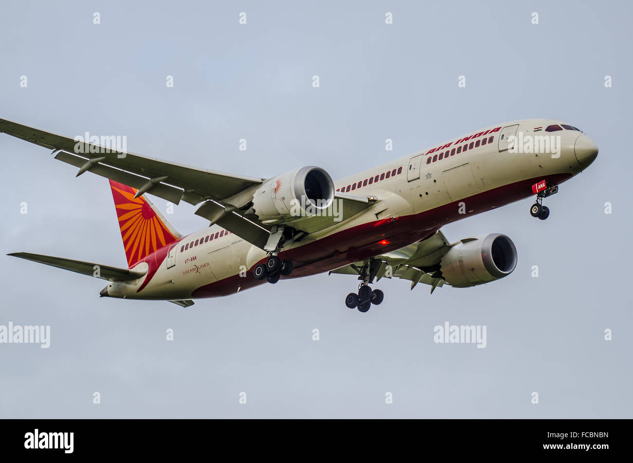Air India Boeing 787 -8 Dreamliner - VT-ANA landing at London Heathrow Airport in overcast weather Stock Photo