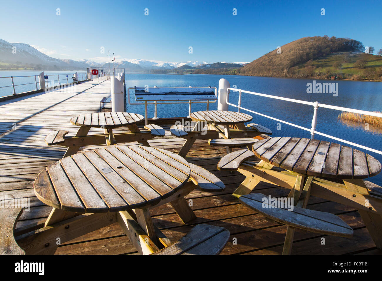 Looking up Ullswater from the Pooley Bridge jetty towards the Helvellyn Range in the Lake District, UK. Stock Photo