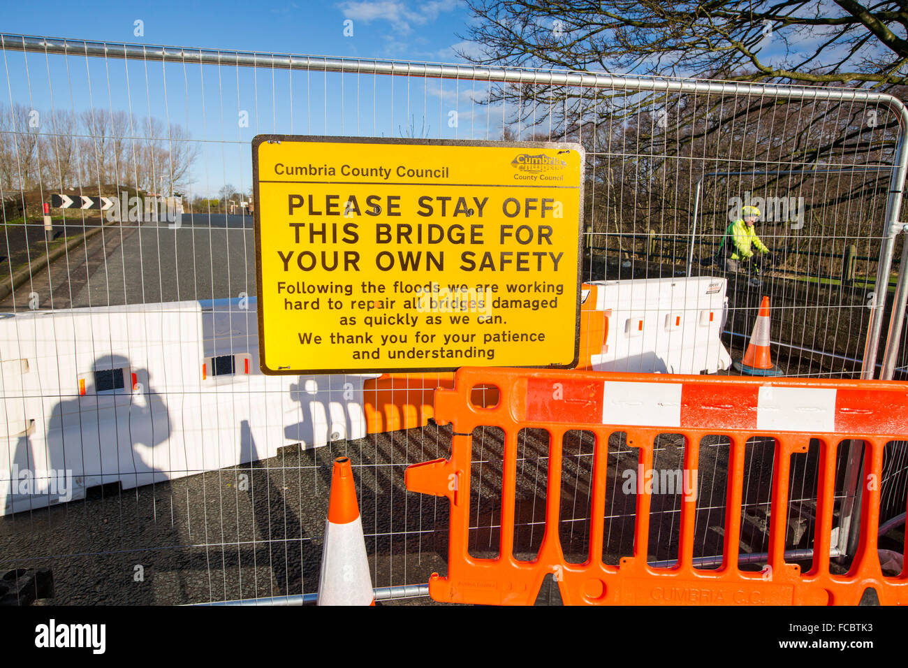 The bridge at Eamont Bridge, one of many still closed in Cumbria after damage from Storm Desmond, in this case the foundations have been undermined. 20th January 2016. Stock Photo