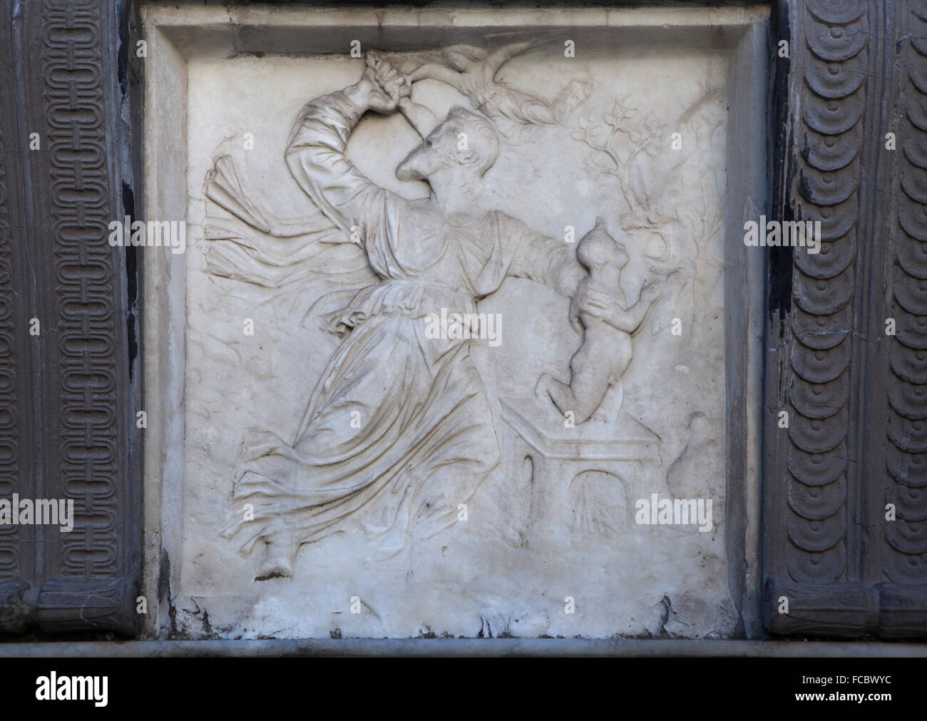 Sacrifice of Isaac. Marble relief by Italian Renaissance sculptor Giovanni Antonio Amadeo on the Cappella Colleoni in Bergamo, Lombardy, Italy. Stock Photo