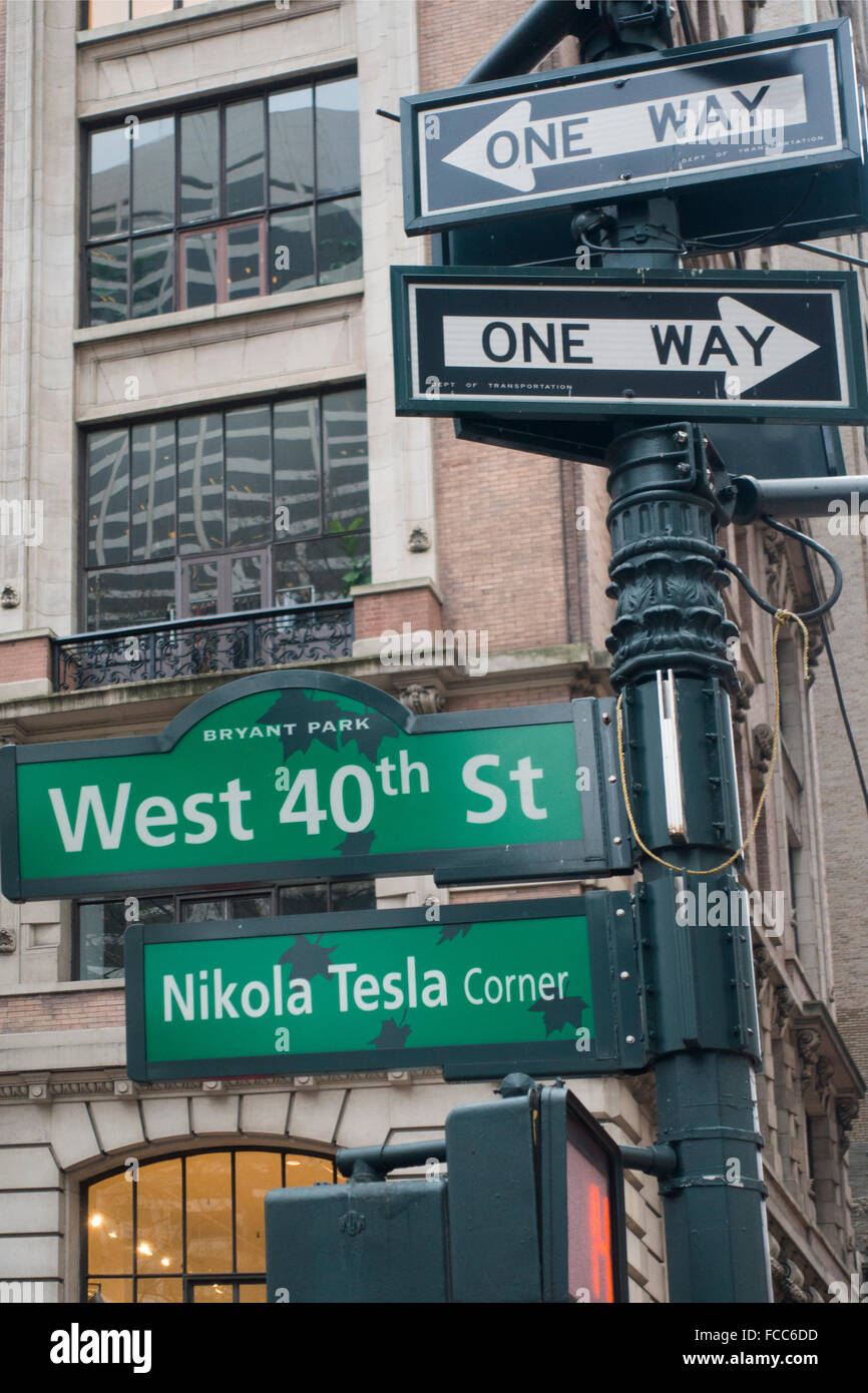 Nikola Tesla street corner sign in Manhattan NYC Stock Photo