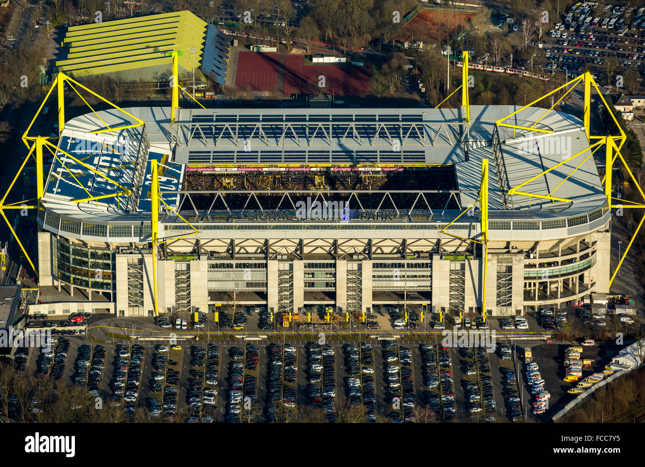 Aerial view, Signal Iduna Park Dortmund, Westfalenstadion Dortmund, first national league, football stadium, solar panels Stock Photo