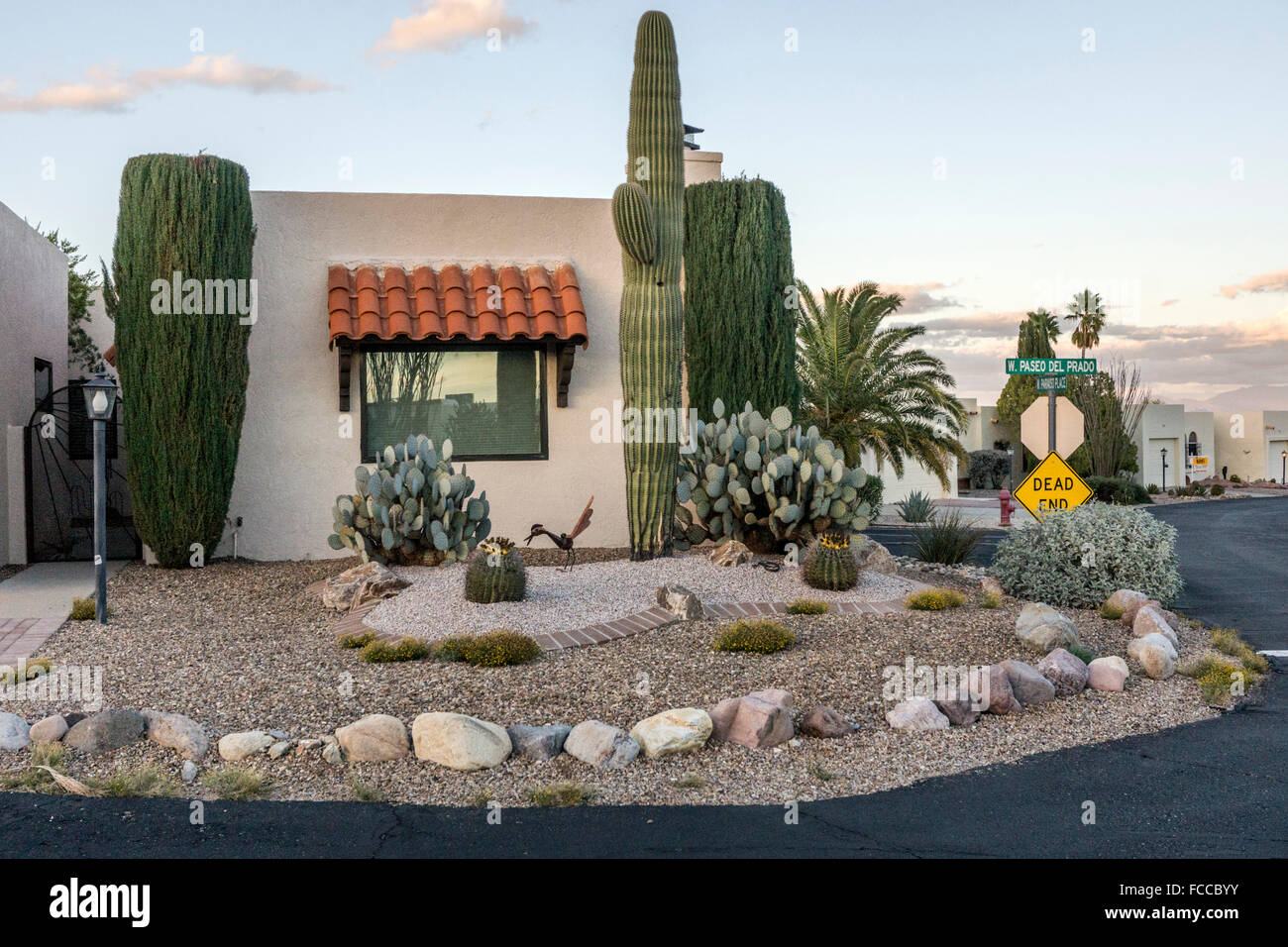 typical attractive repetitive white stucco house in planned development for over 55 retirees with gravel garden desert planting Stock Photo