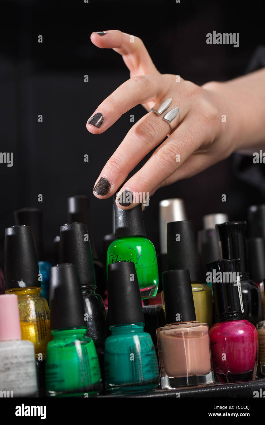 Cosmetology class. Picking out fingernail polish. Stock Photo