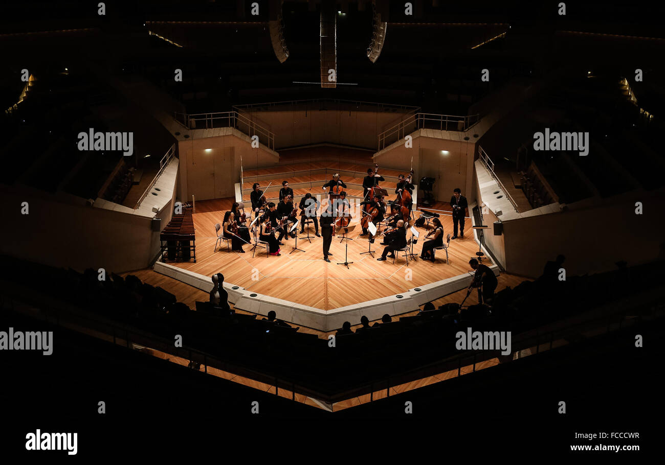 Berlin, Germany. 21st Jan, 2016. Members of the European-Chinese Festival Orchestra perform during a rehearsal prior to a concert at Berlin Philharmonie in Berlin, Germany, on Jan. 21, 2016. The European-Chinese Festival Orchestra, consisting of outstanding overseas Chinese musicians, made its debut at Berlin Philharmonie here on Thursday. The two-hour concert attracted nearly 1,000 Chinese and foreign audiences. © Zhang Fan/Xinhua/Alamy Live News Stock Photo