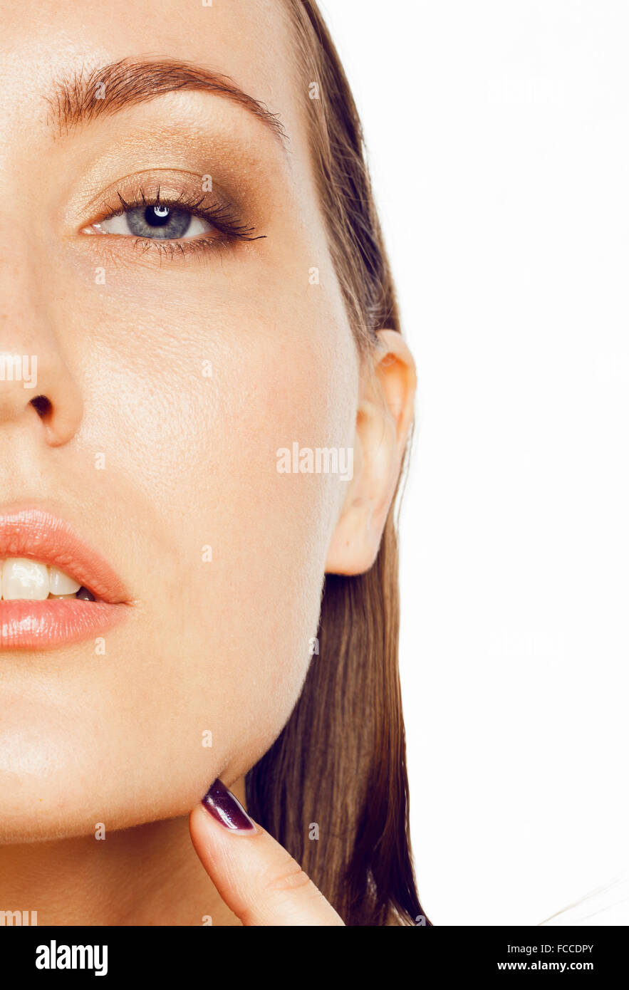 young attractive lady close up with hands on face isolated beautiful ...