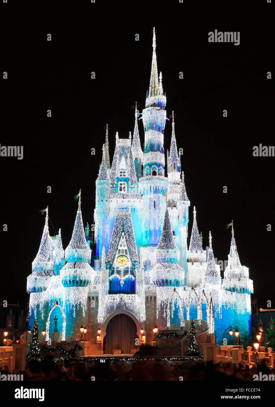 Cinderella Castle illuminated at night, Magic Kingdom, Disney Stock Photo