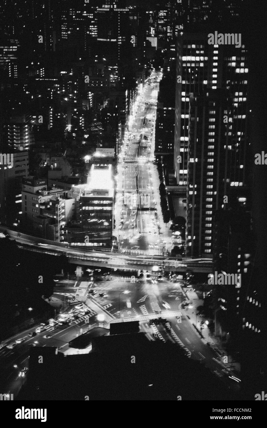 Aerial View Of Illuminated City Street At Night Stock Photo - Alamy