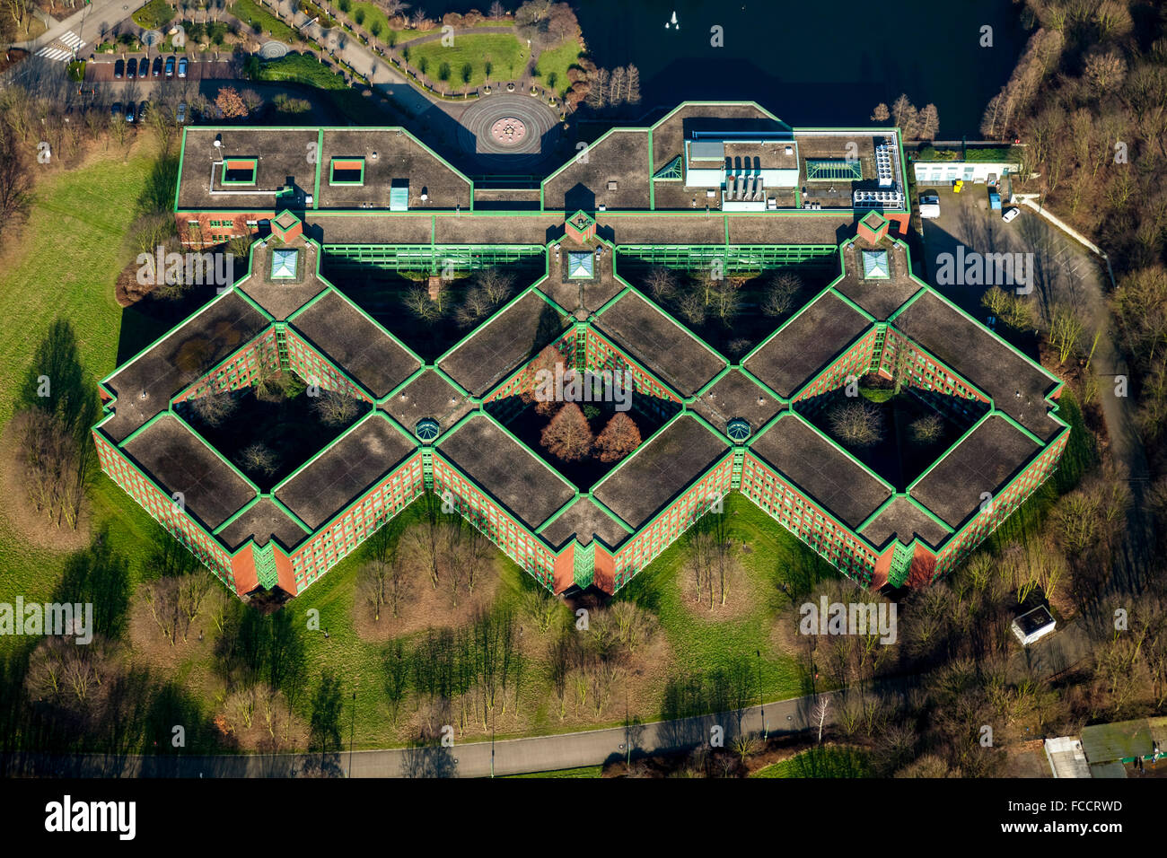 Aerial view, management of E.ON Kraftwerke GmbH in Gelsenkirchen at the Alexander von Humboldt Street, EON, Honeycomb office Stock Photo