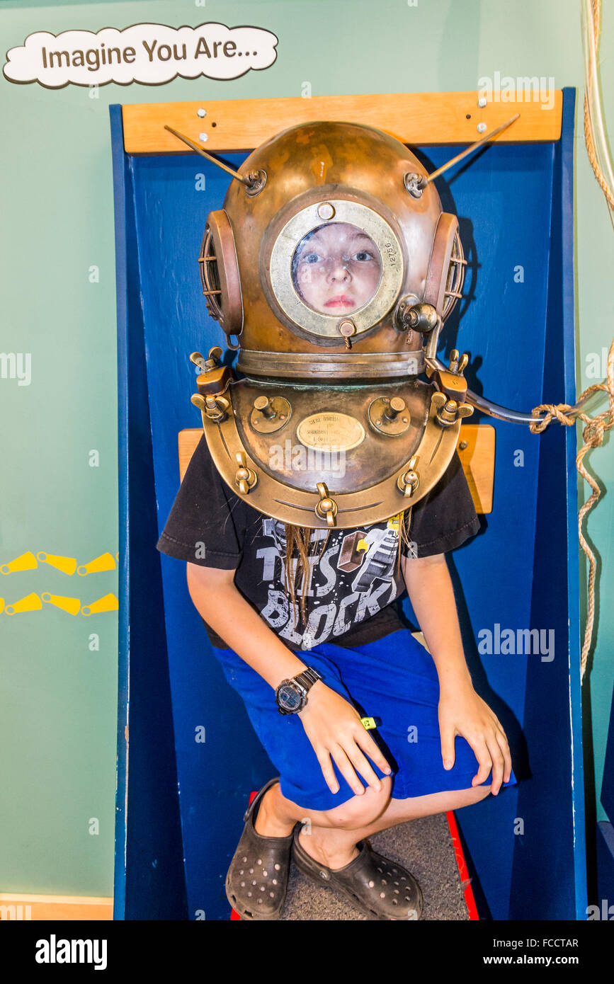 Boy in aqualung, The Maritime Museum, Vancouver, British Columbia, Canada Stock Photo