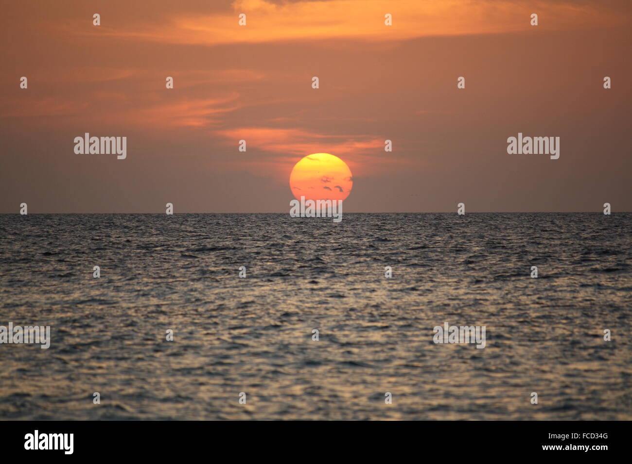 Sunset With A Full Sun At The Sea Stock Photo