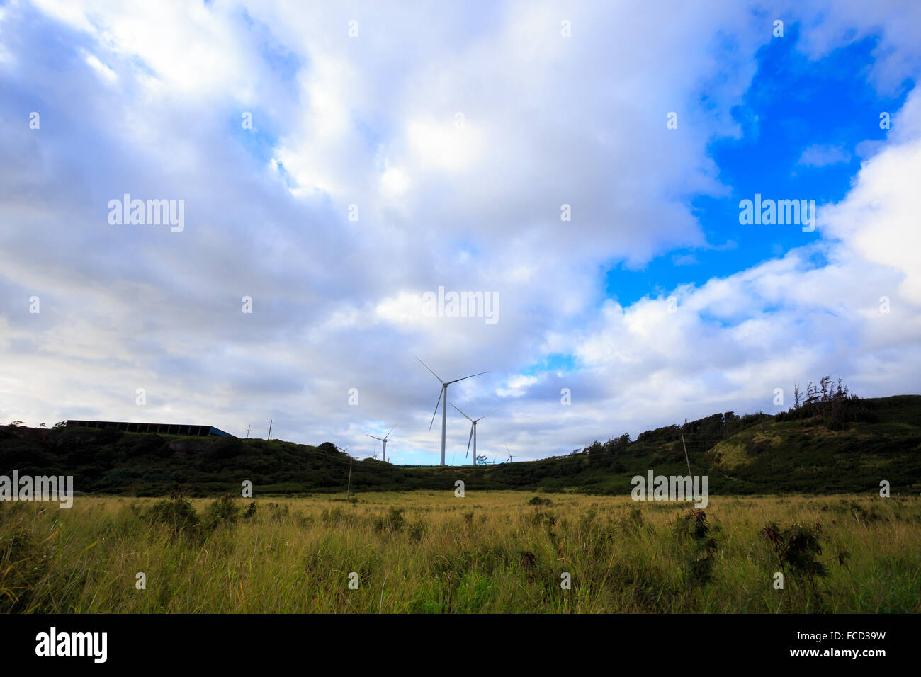 Green energy is stored up at this massive wind farm where turbines line the hills in Oahu Hawaii. Sustainable, renewable energy. Stock Photo