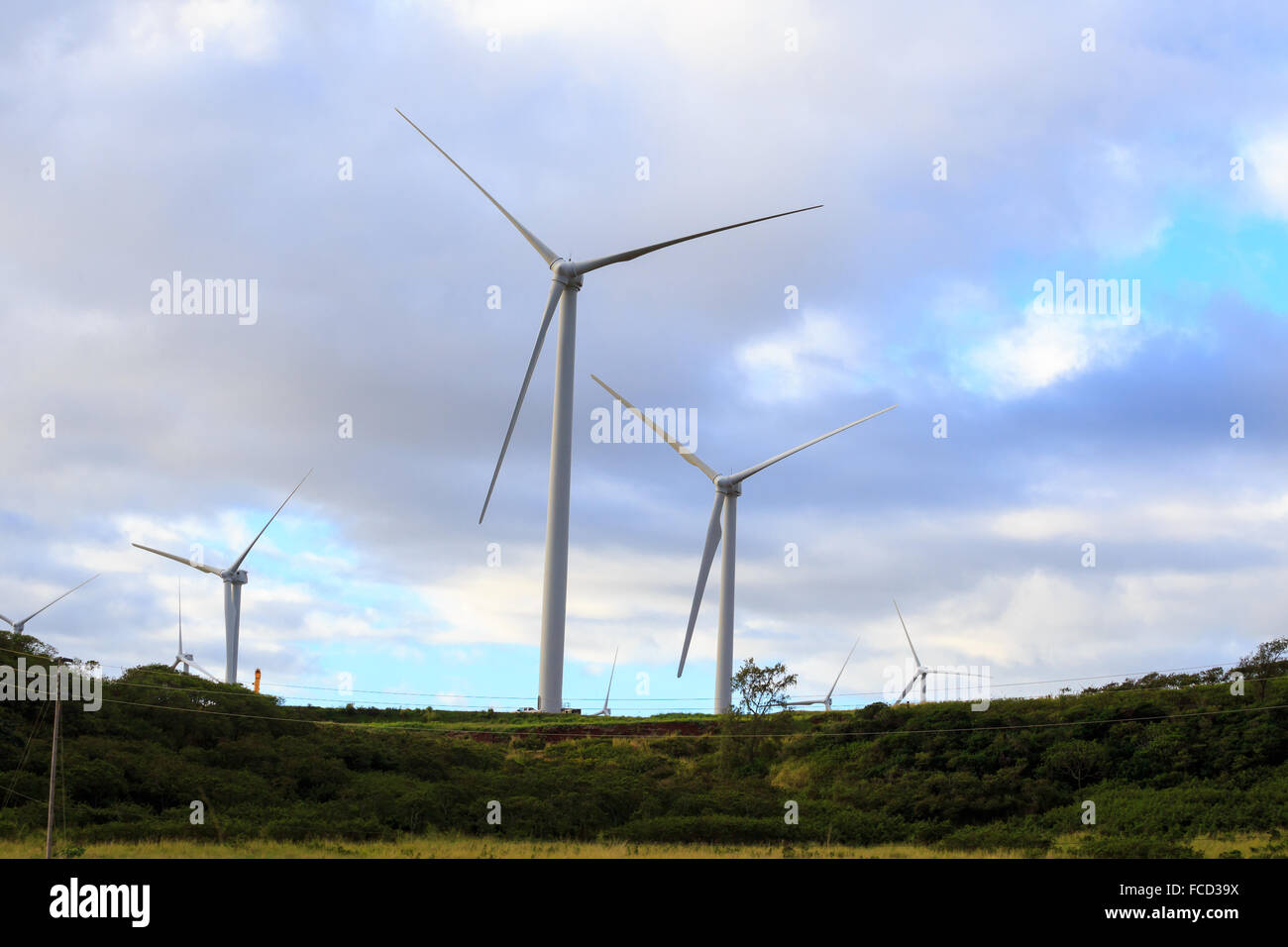 Green energy is stored up at this massive wind farm where turbines line the hills in Oahu Hawaii. Sustainable, renewable energy. Stock Photo