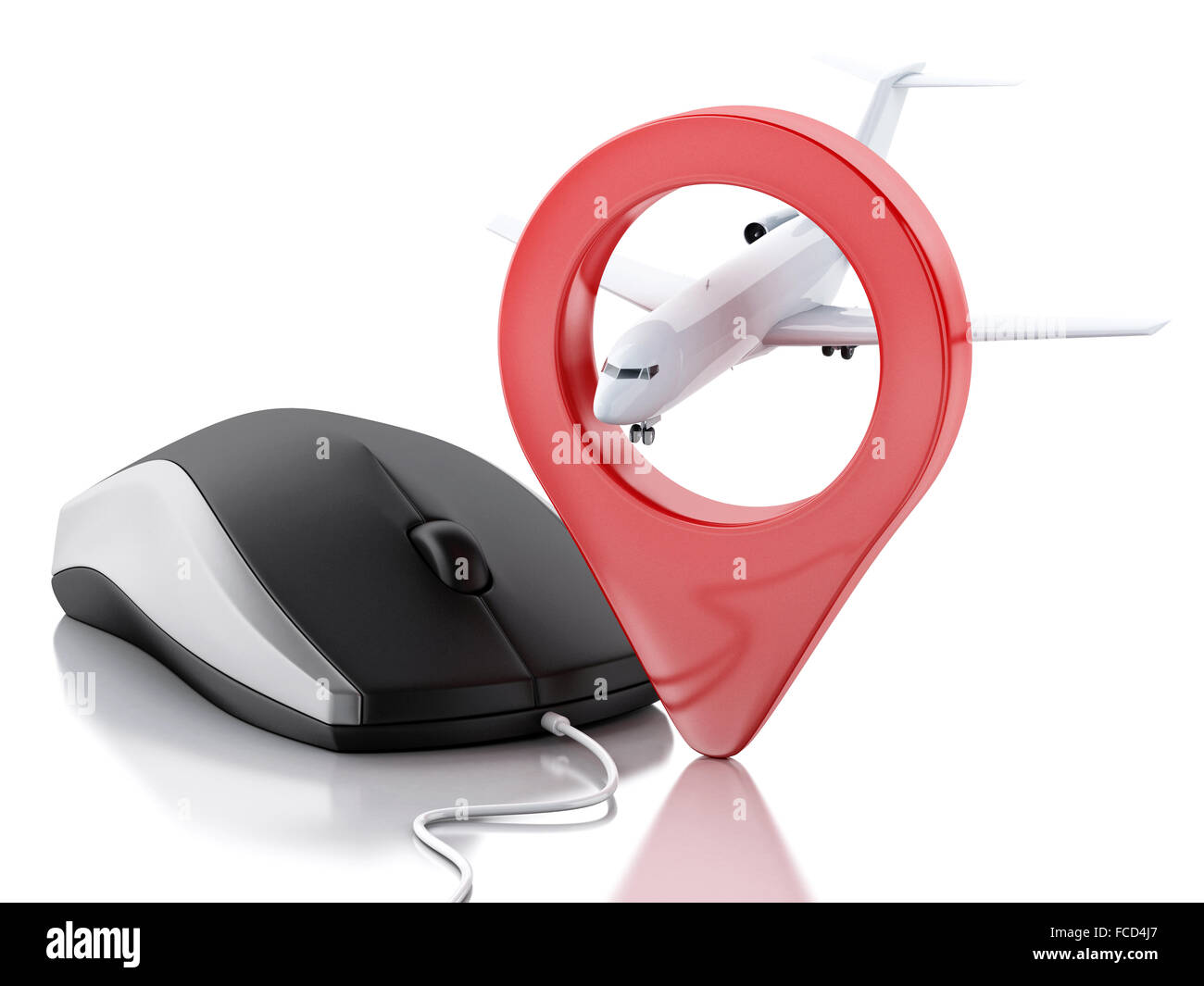 3d illustration. Airplane, map pointer and computer mouse. Online booking flight or travel concept. Isolated white background Stock Photo