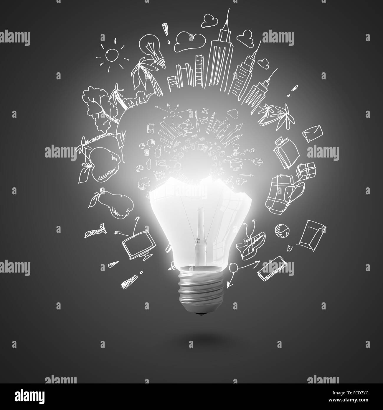 Conceptual image of electric bulb against grey background Stock Photo
