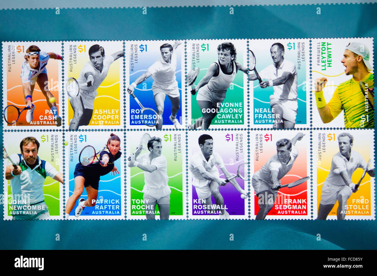 Sydney, Australia. 22nd January, 2016. Australia Post honours tennis legends  with a new range of stamps featuring famous players of the sport. The  recently avaliable stamps were highlighted at the 32nd Australia