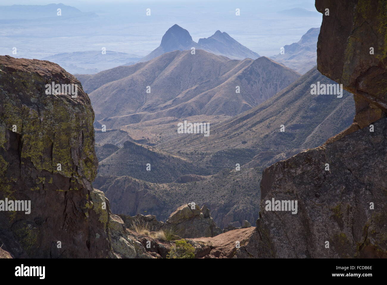 View south from the Chisos Mountains, on Lost Mine Trail, into Mexico, Big Bend National Park, Texas Stock Photo