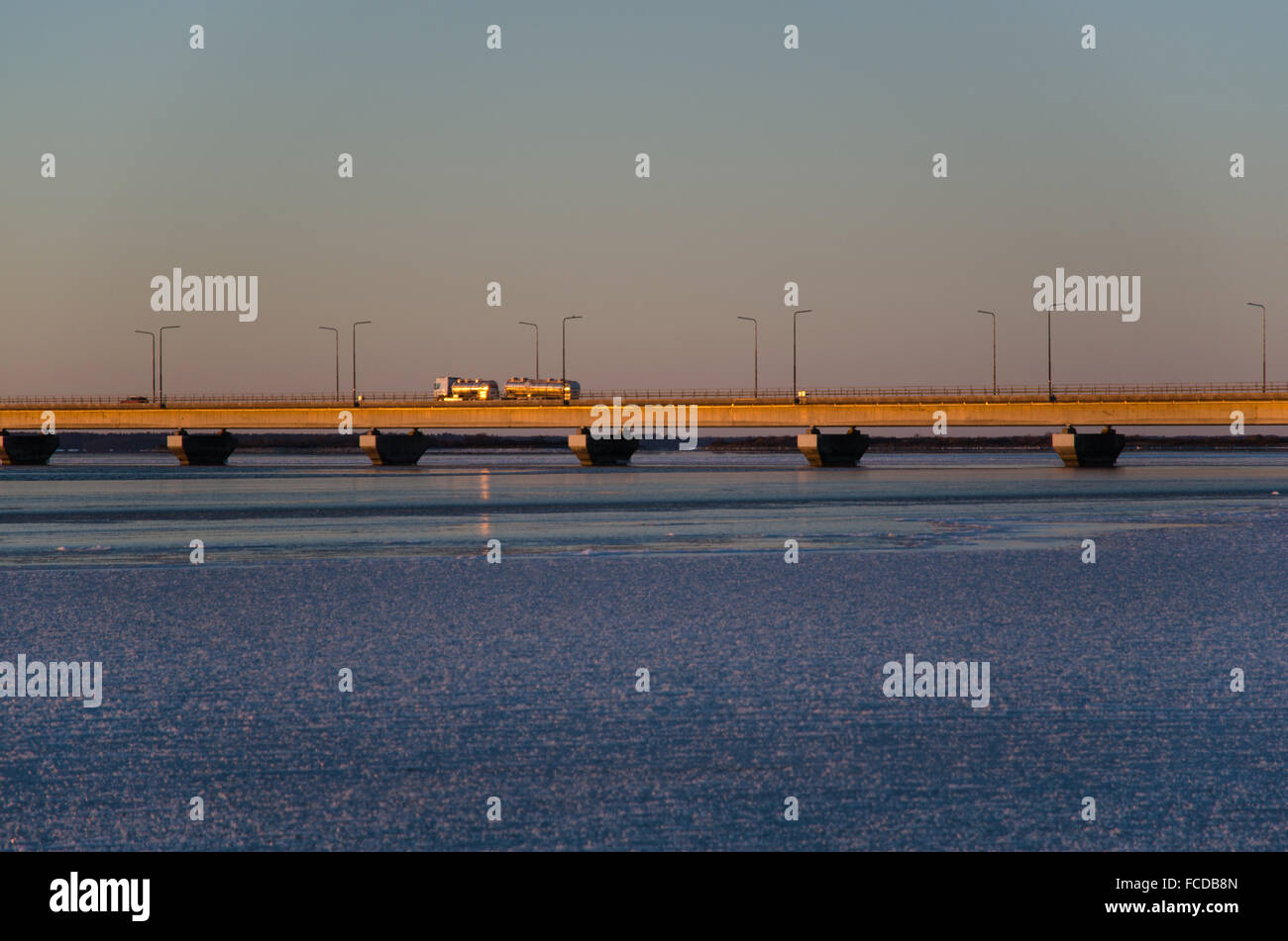 Detail of the sunlit Oland bridge, connecting the Swedish island Oland in the Baltic Sea with mainland Sweden Stock Photo