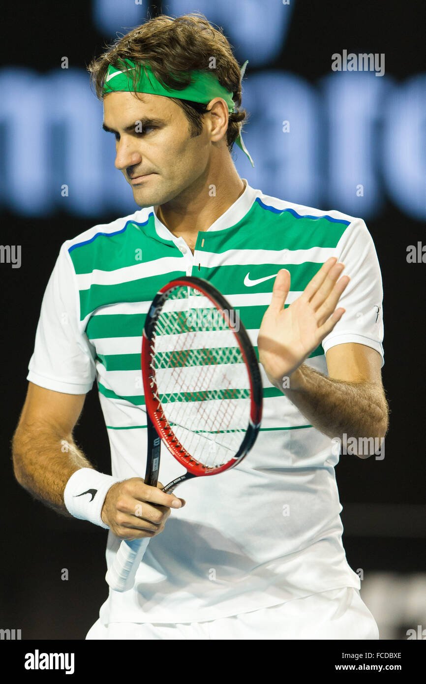 Melbourne, Australia. 22nd Jan, 2016. Roger Federer of Switzerland in  action in a 3rd round match against Grigor Dimitrov of Bulgaria on day five  of the 2016 Australian Open Grand Slam tennis