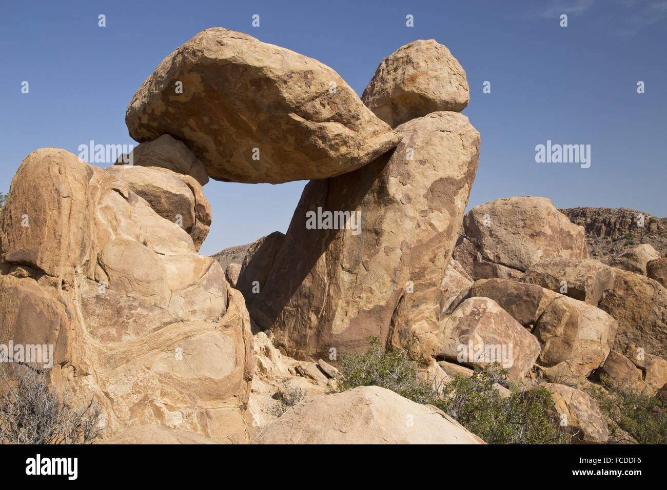 Balancing rocks, eroded igneous rock - remains of a laccolith - in the Grapevine Hills,  Big Bend National Park, Texas. Stock Photo