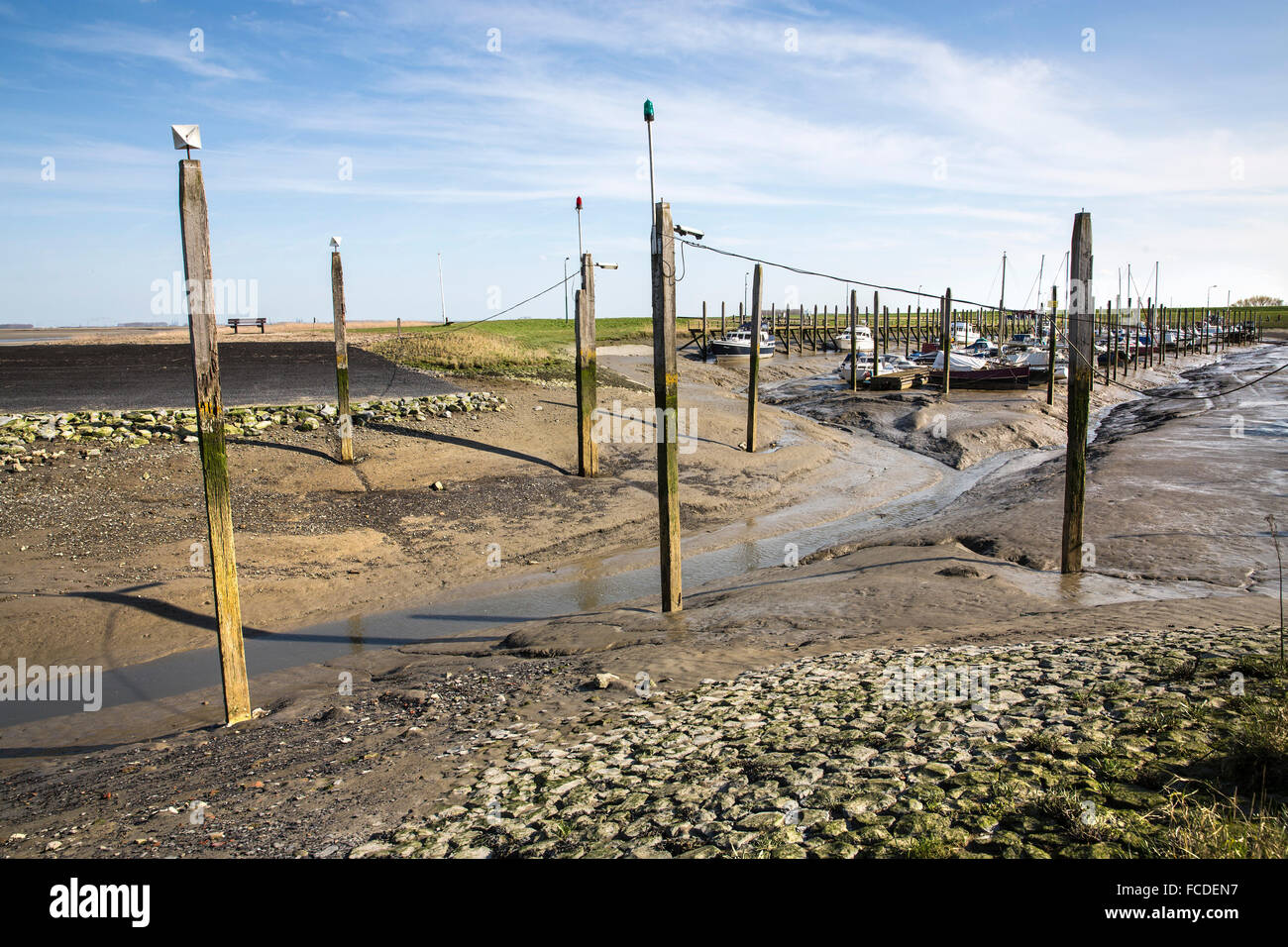 Netherlands, Paal, Westerschelde river. Tidal marshland. Marina at low tide Stock Photo