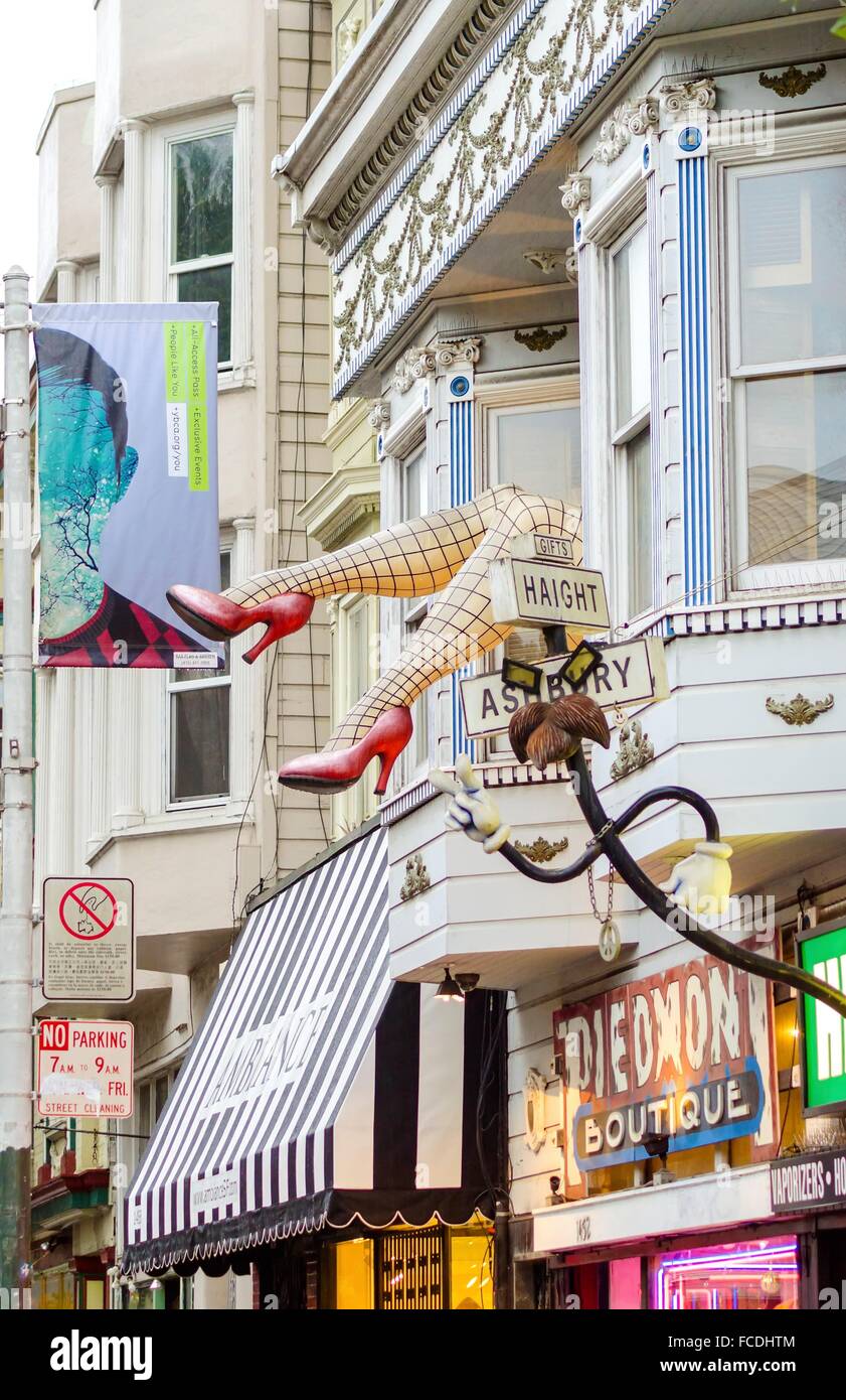 Haight Ashbury neighborhood in San Francisco, California, United States of America, a hippy area. View of a sculpture with large Stock Photo