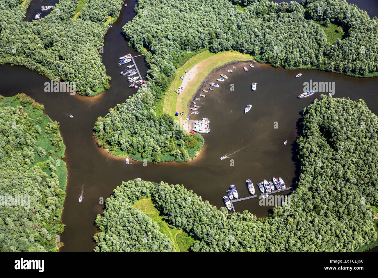 Netherlands, Werkendam, Biesbosch National Park. Fresh water tidal area. Yachts. Aerial Stock Photo