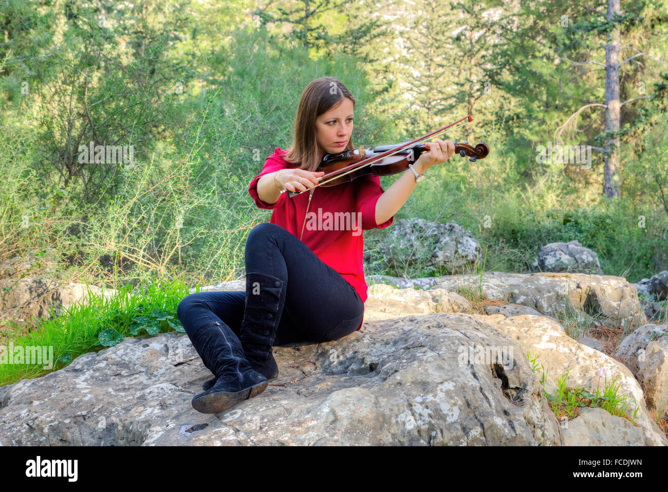 Girl playing the violin in the woods hoping to attract wild birds Stock ...