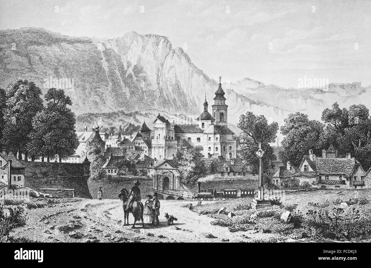 Historic cityscape, lithograph, circa 1850, Solothurn, Switzerland Stock Photo