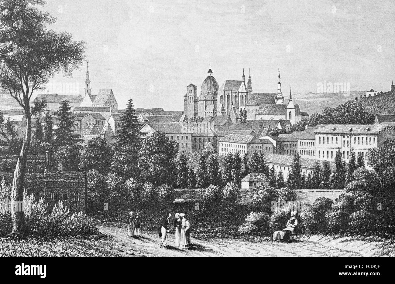 Historic cityscape, steel engraving, Aachen 1835, Germany Stock Photo