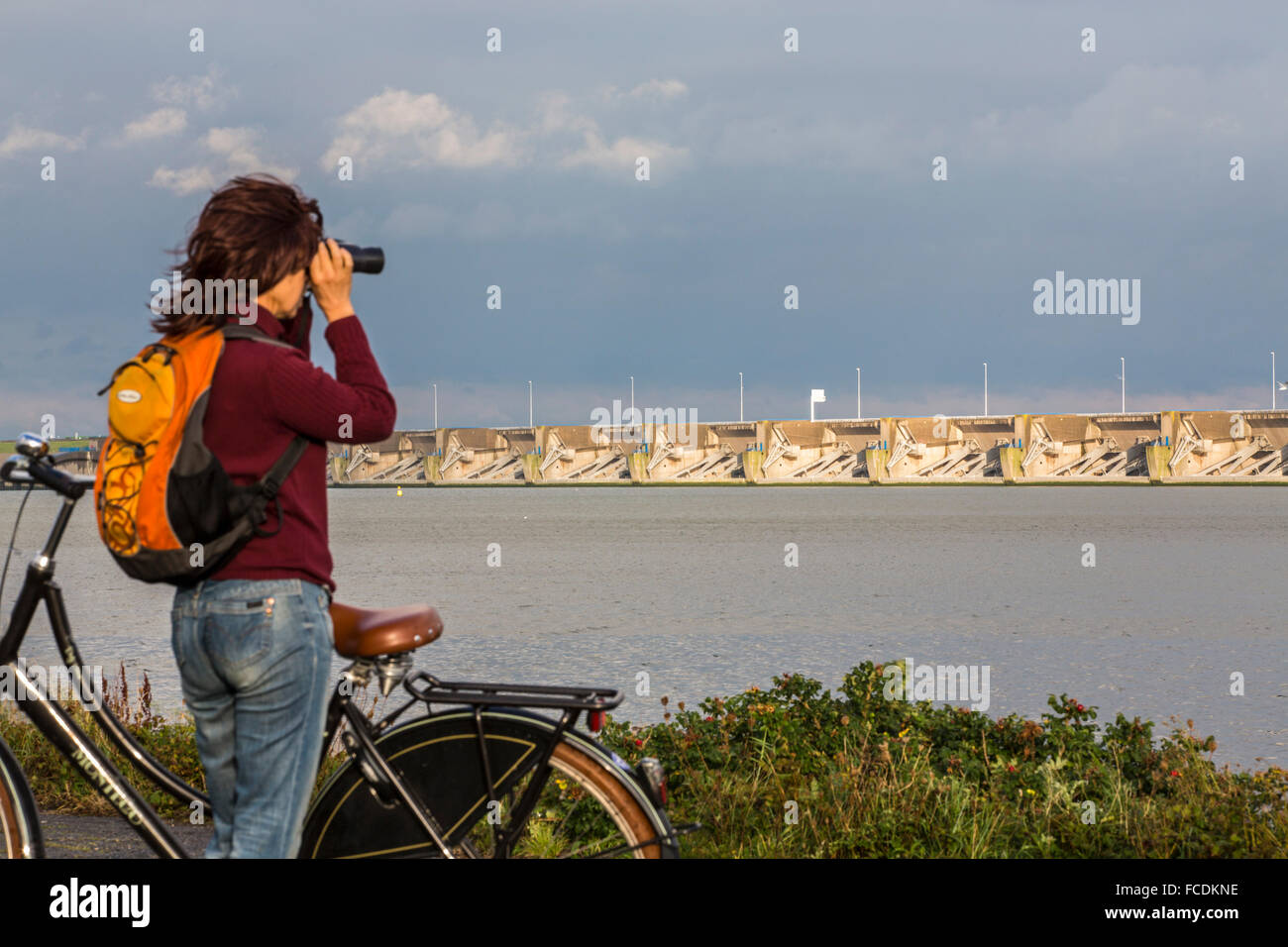 Netherlands, Stellendam, Haringvlietdam, part of Deltaworks. Birdwatcher with binoculars Stock Photo