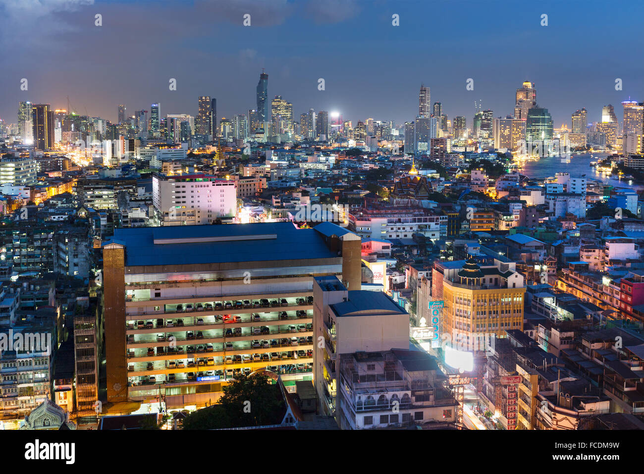 City view, skyline, skyscrapers, Bang Rak Financial District, dusk, Silom District, panoramic view from Grand China Hotel Stock Photo