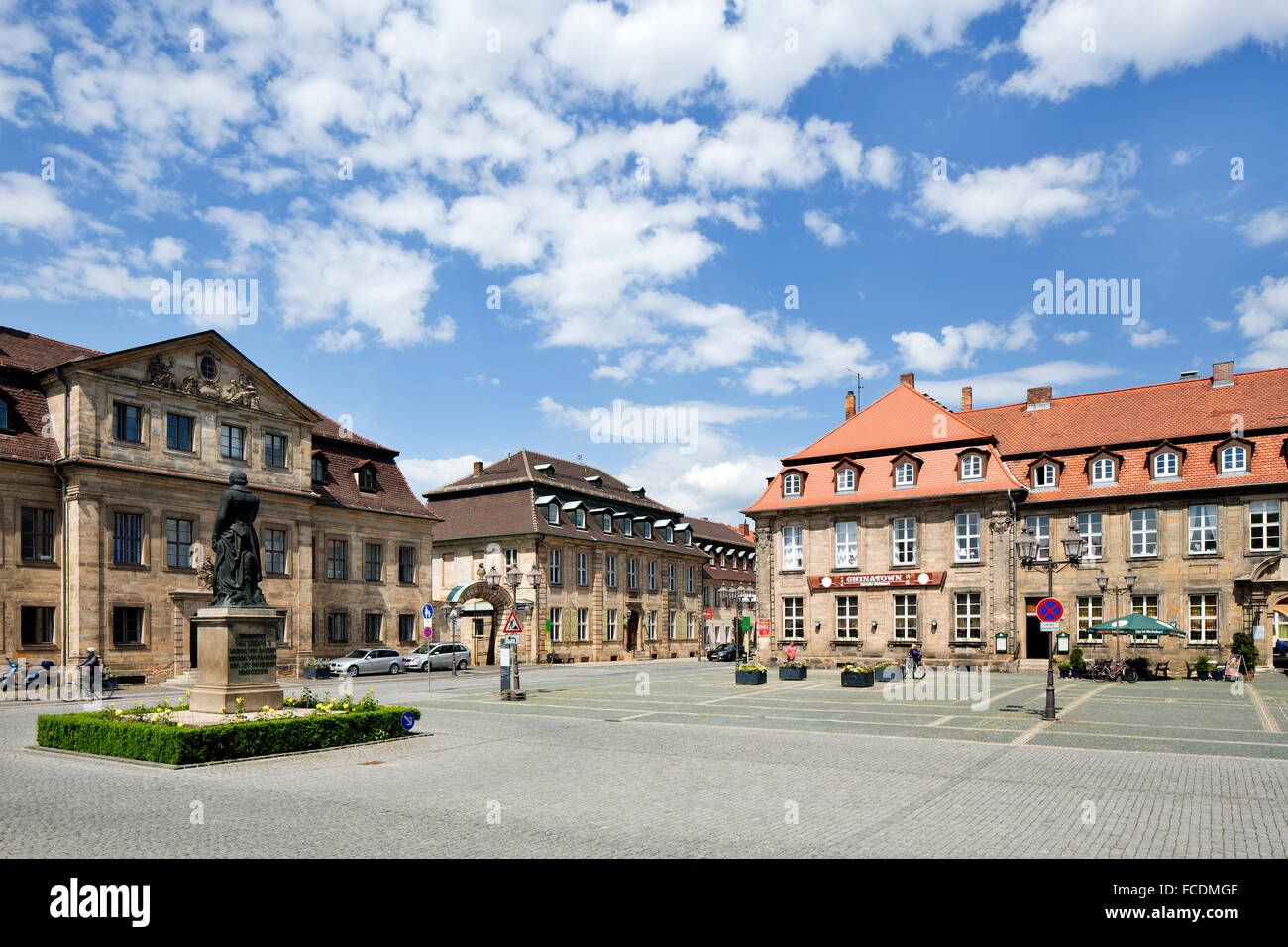 Former orphanage and Poststallgebäude, in front the Jean-Paul Memorial, Jean-Paul-Platz, Bayreuth, Upper Franconia, Bavaria Stock Photo