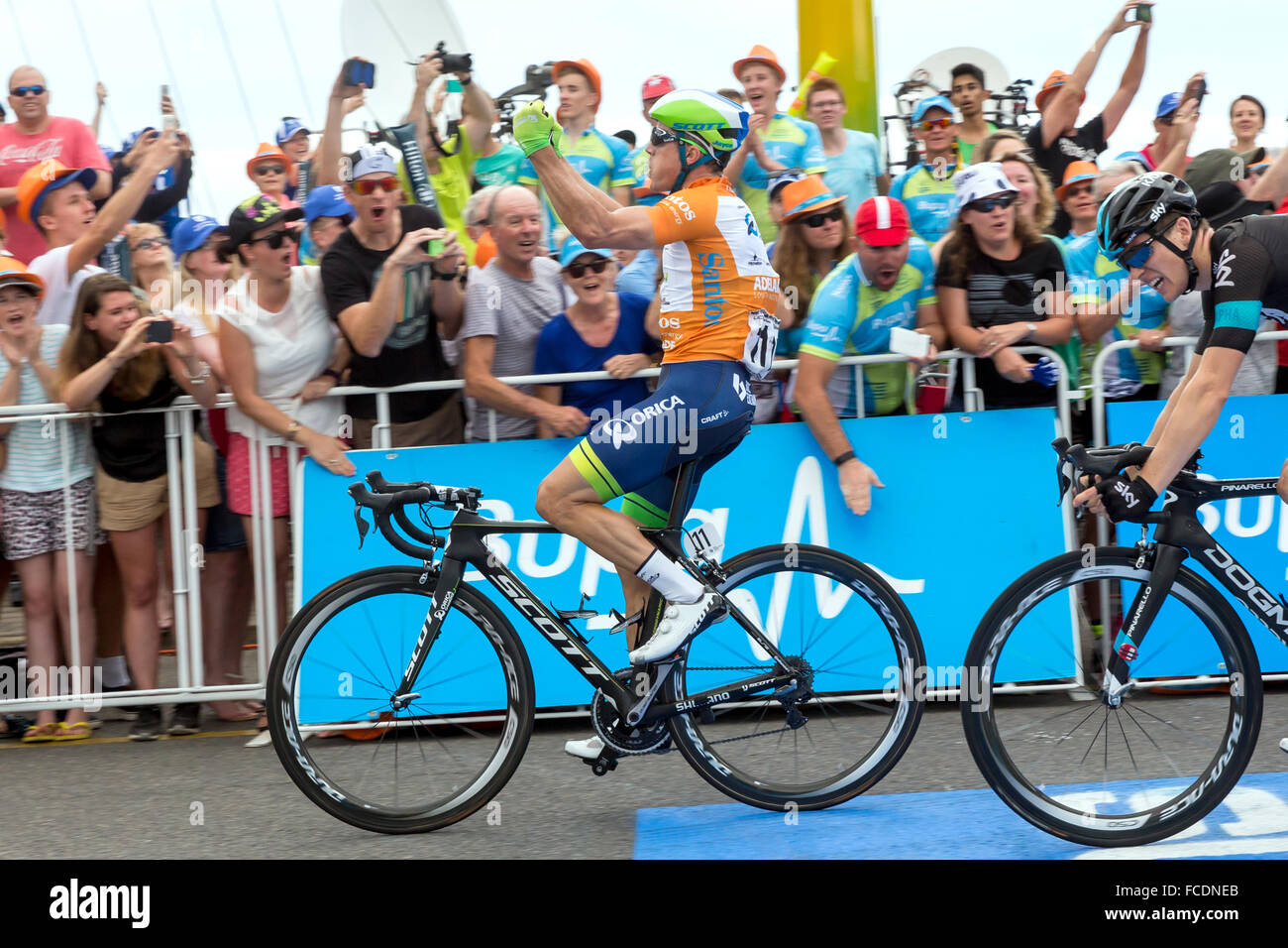 Simon Gerrans (AUS) from the Orica Green Edge Team wins stage 4 of the Tour Down Under. in Adelaide Australia. Stock Photo