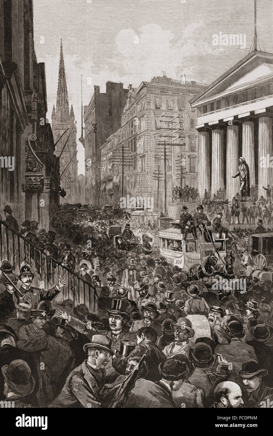 Panic on Wall Street, May 14, 1884.  From Harper’s Weekly, edition of May 24, 1884.  The panic was precipitated by the failure of two major companies.  Even though the New York Clearing House bailed out banks in danger of failing it is estimated that more than 10,000 small firms closed. Stock Photo