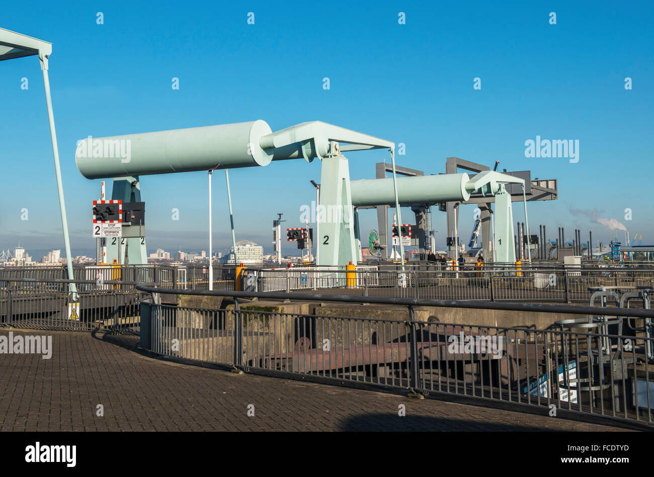 Bascule bridges on the Cardiff Bay barrage in south Wales on a sunny ...