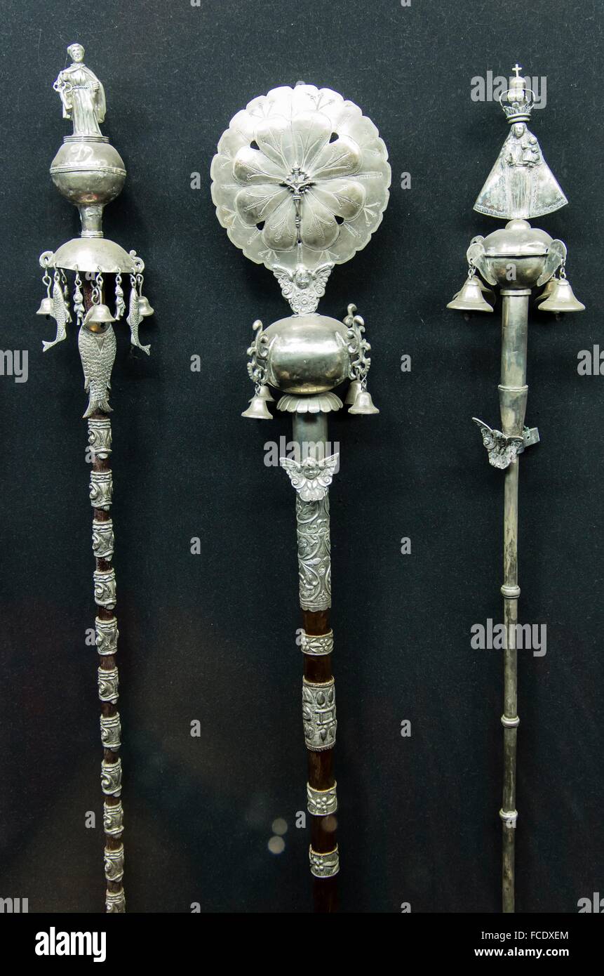 Processional staff 18 and 19 th century. Silversmith´s fron Pedro de Osma museum collection. Lima city. Perú. Stock Photo