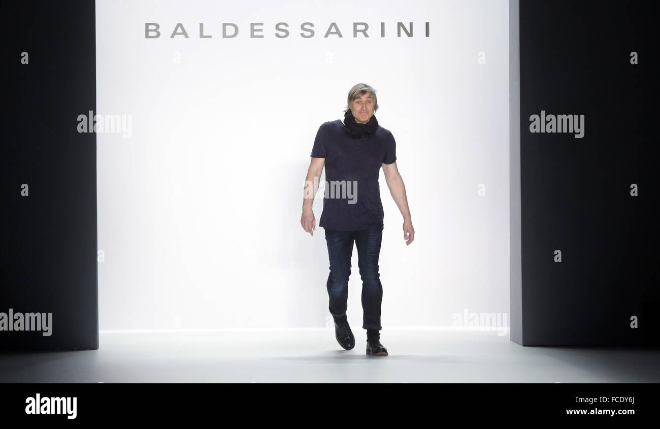 Berlin, Germany. 21st Jan, 2016. Designer Lasse Holger Mitterhusen walks on  stage during the show of fashion label Baldessarini at the Berlin Fashion  Week in Berlin, Germany, 21 January 2016. The Autmn-Winter