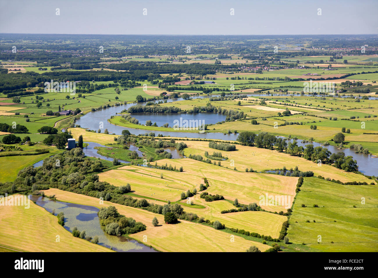 Netherlands, Gorssel, IJssel river. Floodplains. Aerial Stock Photo