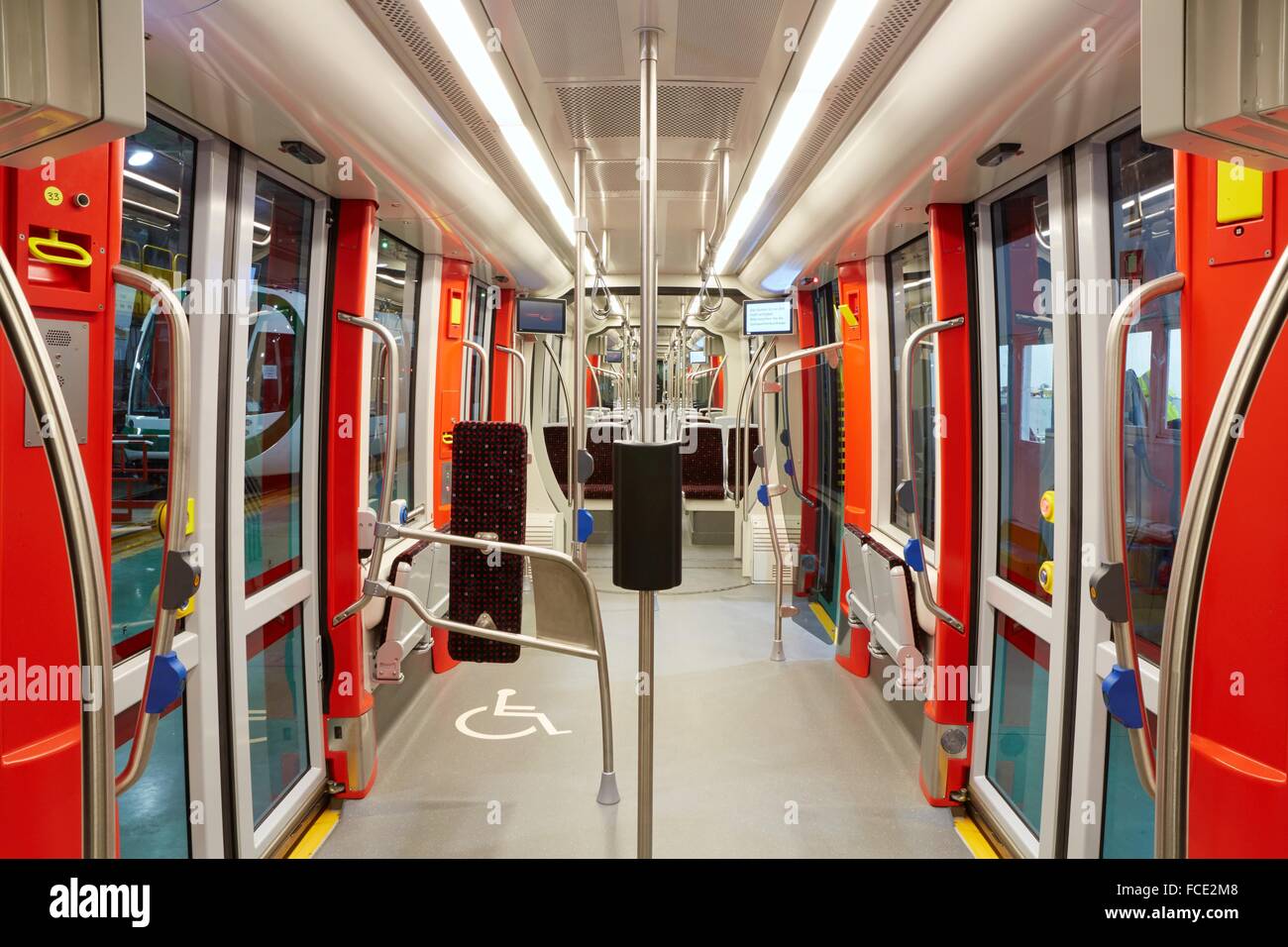 Handicapped zone. Interior of urban tram. Stock Photo