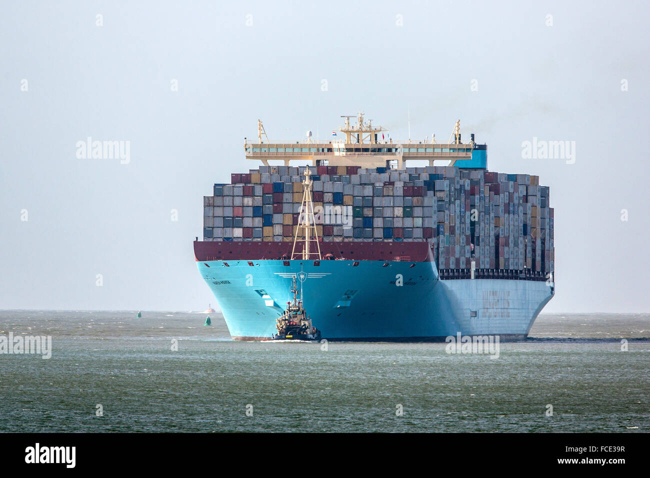 Netherlands, Rotterdam. Port of Rotterdam. Maasvlakte 2 port. Maersk container ship Stock Photo