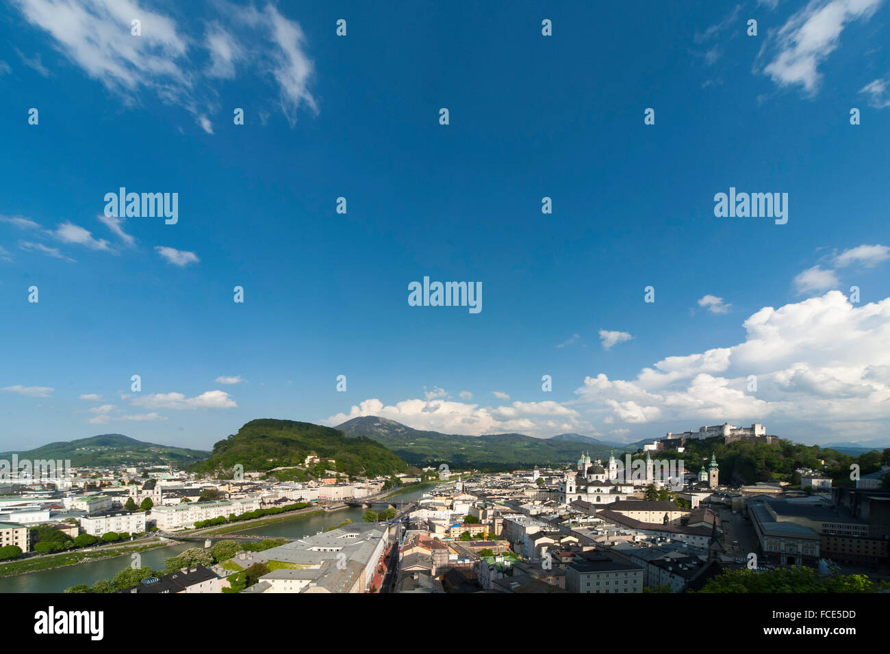 Overlooking the old town and Hohensalzburg Fortress, the historic center of the city of Salzburg Stock Photo