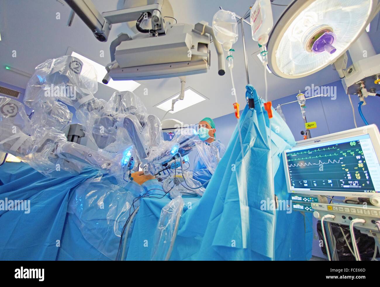 Operating room, Prostate cancer robotic surgery, Da Vinci surgical robot, Urology, Hospital Donostia, San Sebastian, Gipuzkoa, Stock Photo