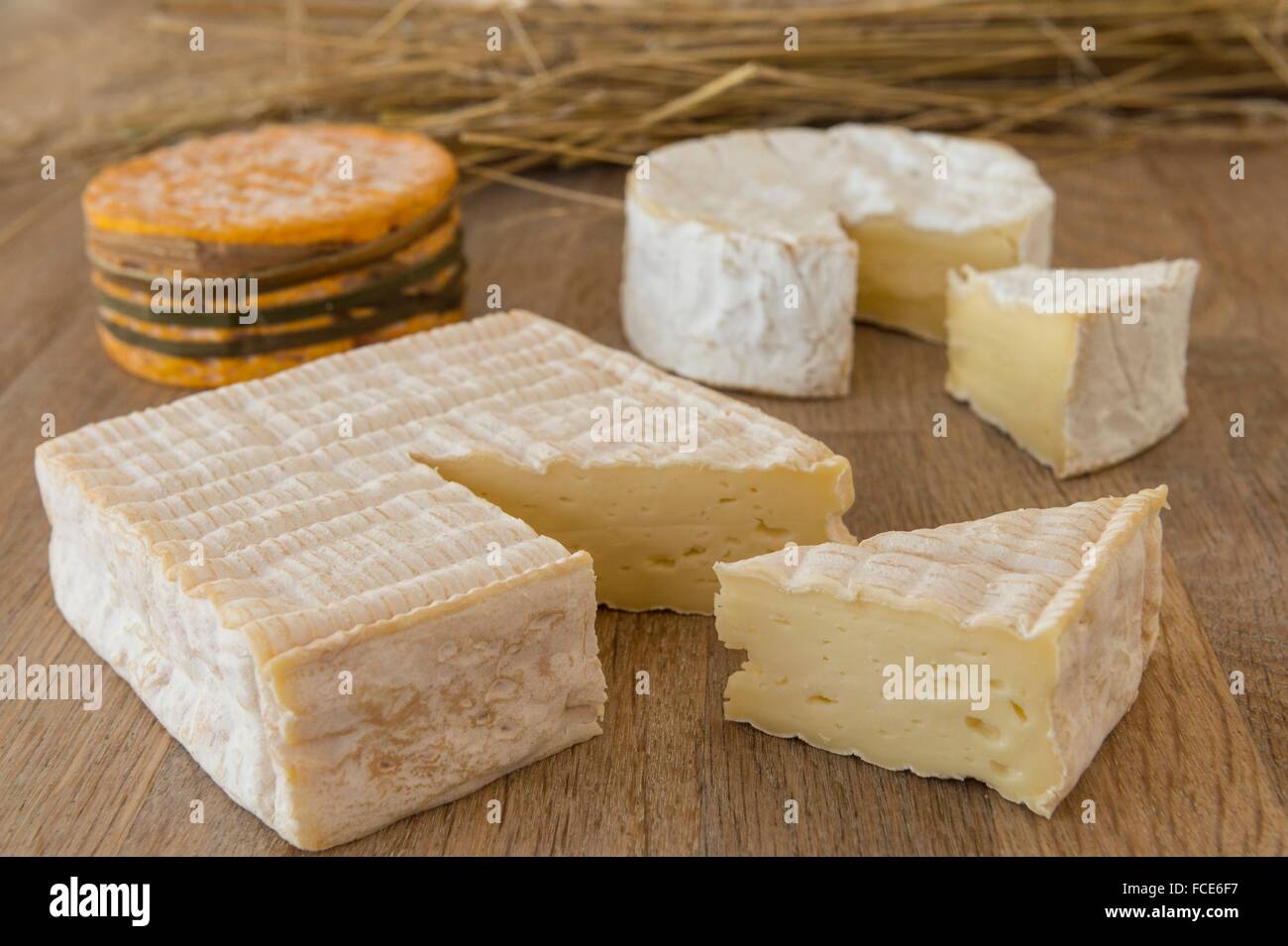 France, Normandy, three typical norman cheeses on cheeseboard Stock