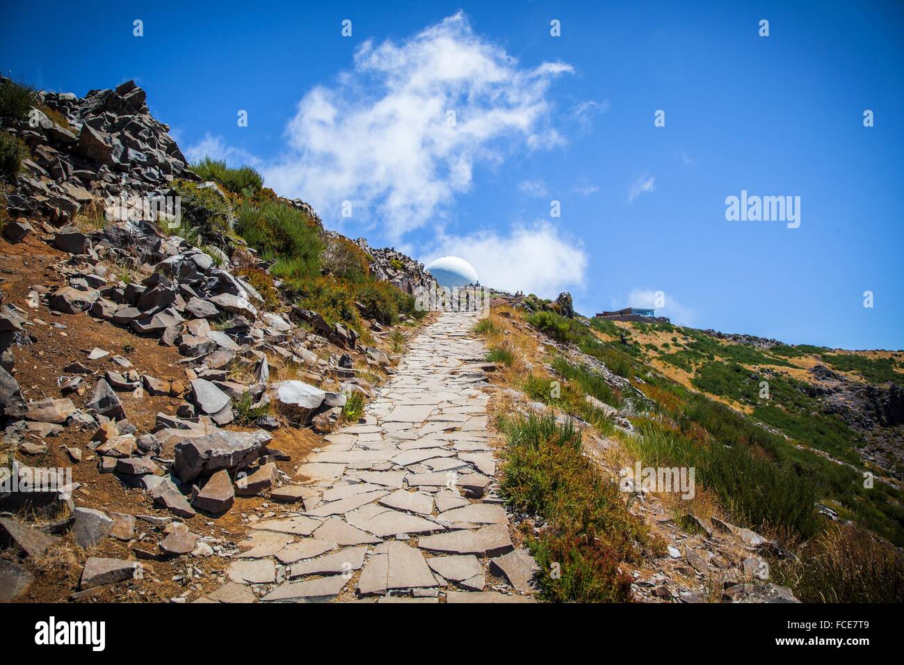 Madeira Island, Pico do Arieiro, paved path with observatory Stock Photo