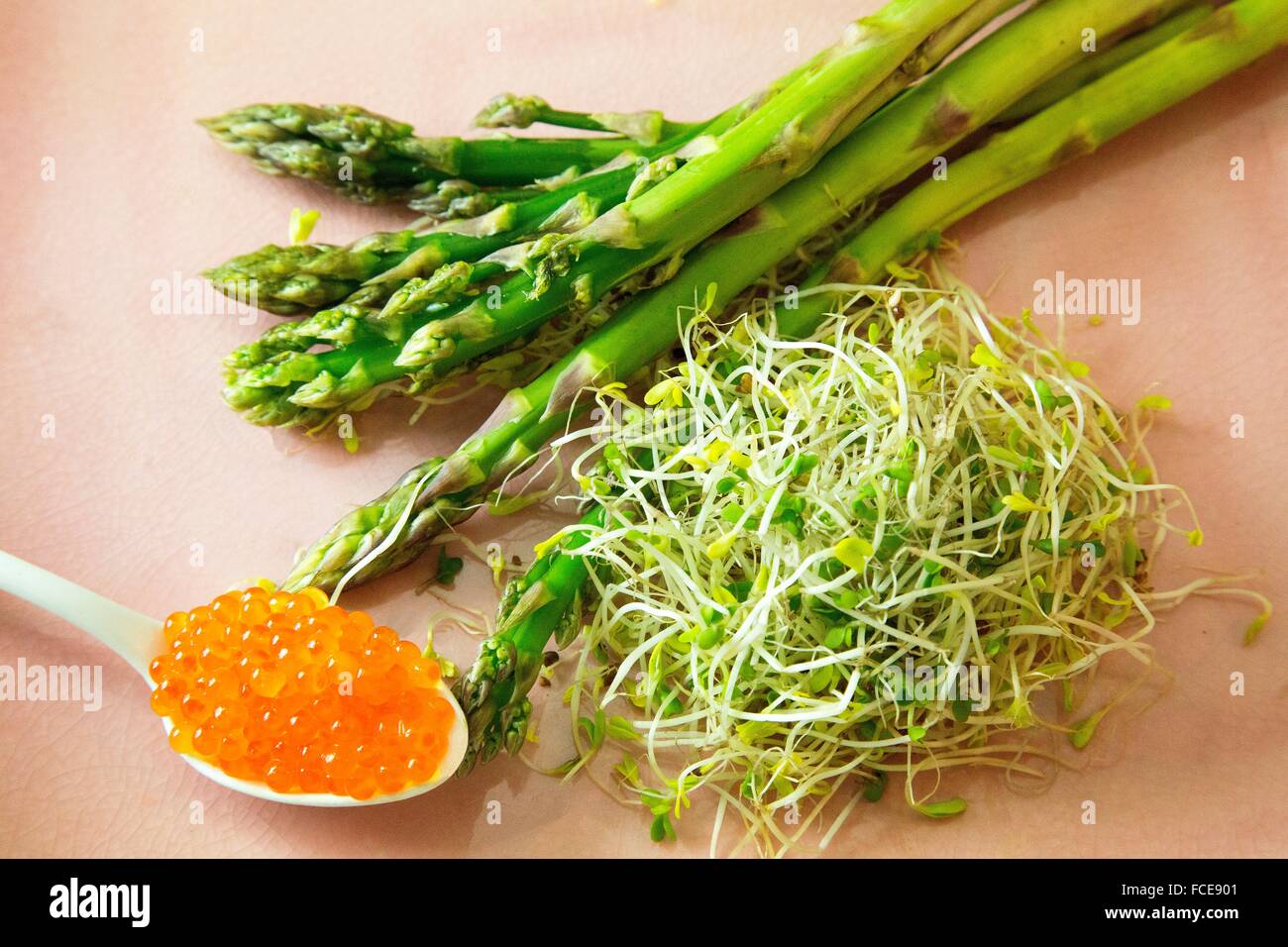 Asparagus, alfafa and broccoli seeds, spoon of eggs of trout Stock