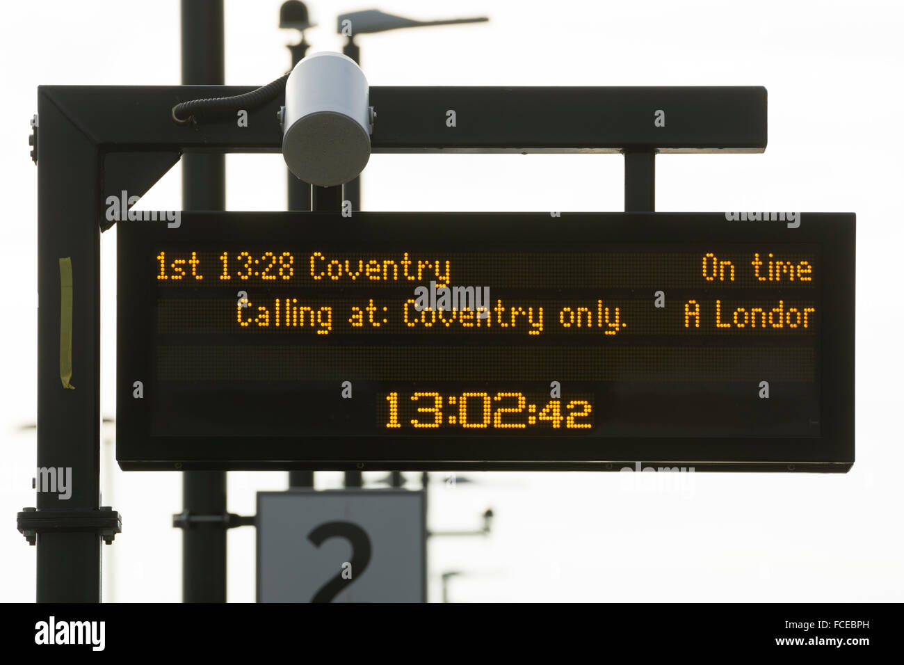 Electric train indicator at Coventry Arena station, Coventry, UK Stock Photo